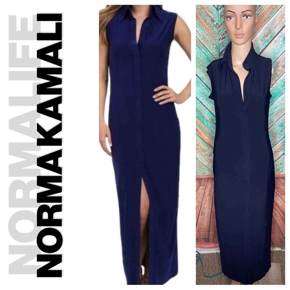 Norma Kamali X Kamali Kulture Navy Sleeveless Collared Shirt Maxi Dress